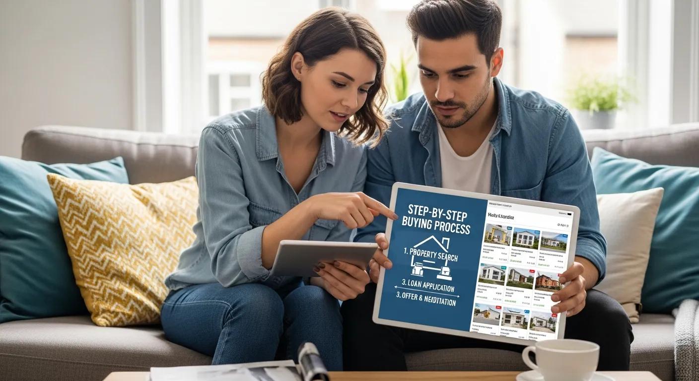 Couple checking property listings on a tablet at home — a step‑by‑step buying process