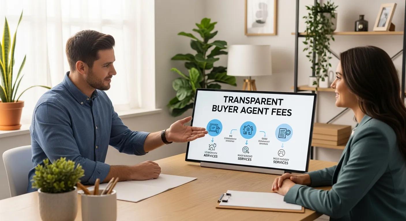 Buyers agent explaining fees to a client in a welcoming office — clear, transparent pricing
