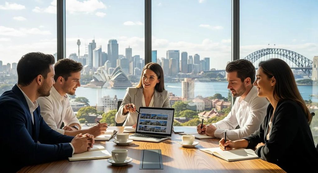 Buyer's agent team meeting with clients, Sydney skyline visible through the window