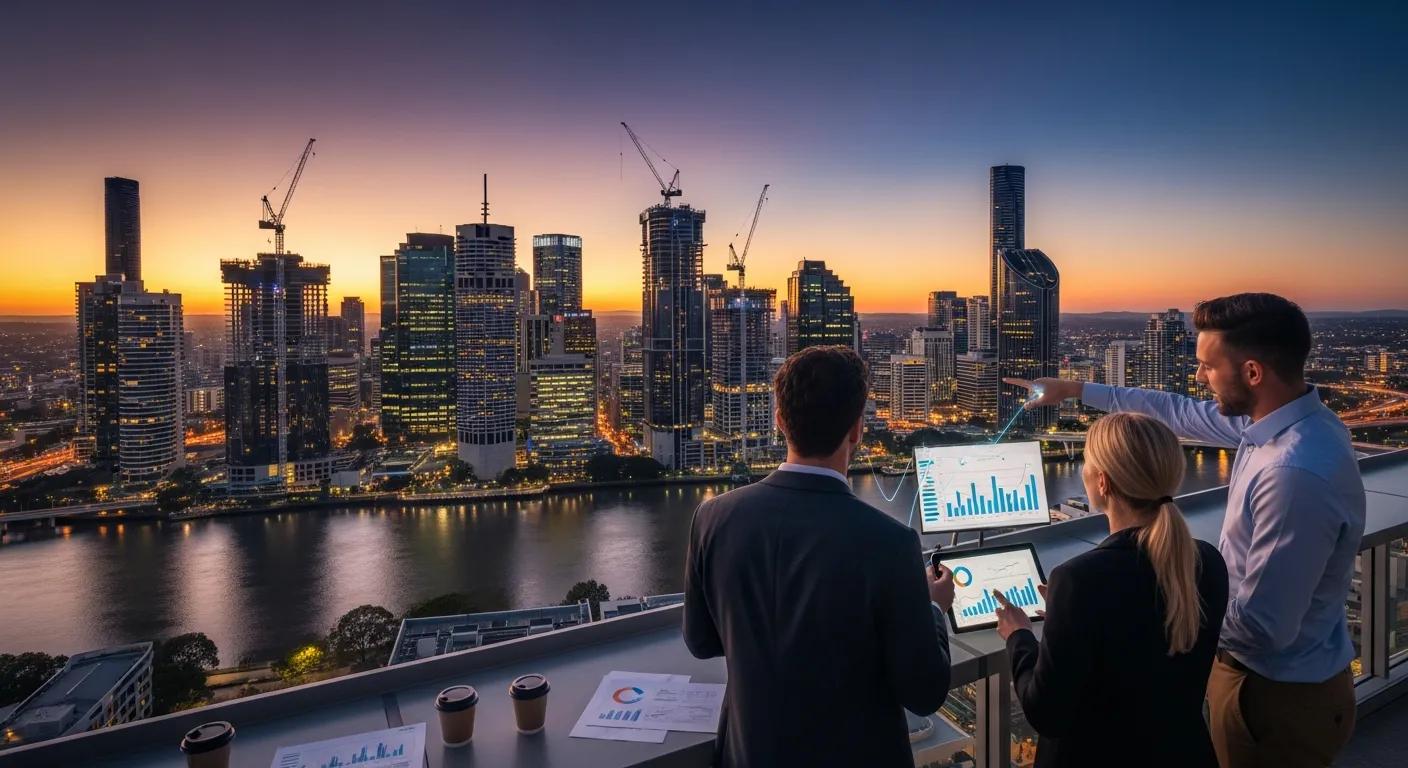 Brisbane skyline with construction and people reviewing property trends