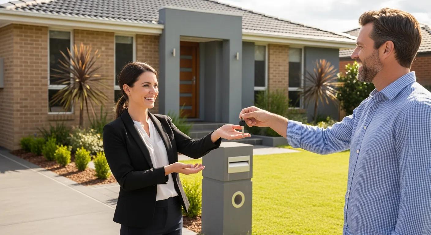 Real Estate Agent happily turning over house keys to a smiling buyer with suburban aussie house as background