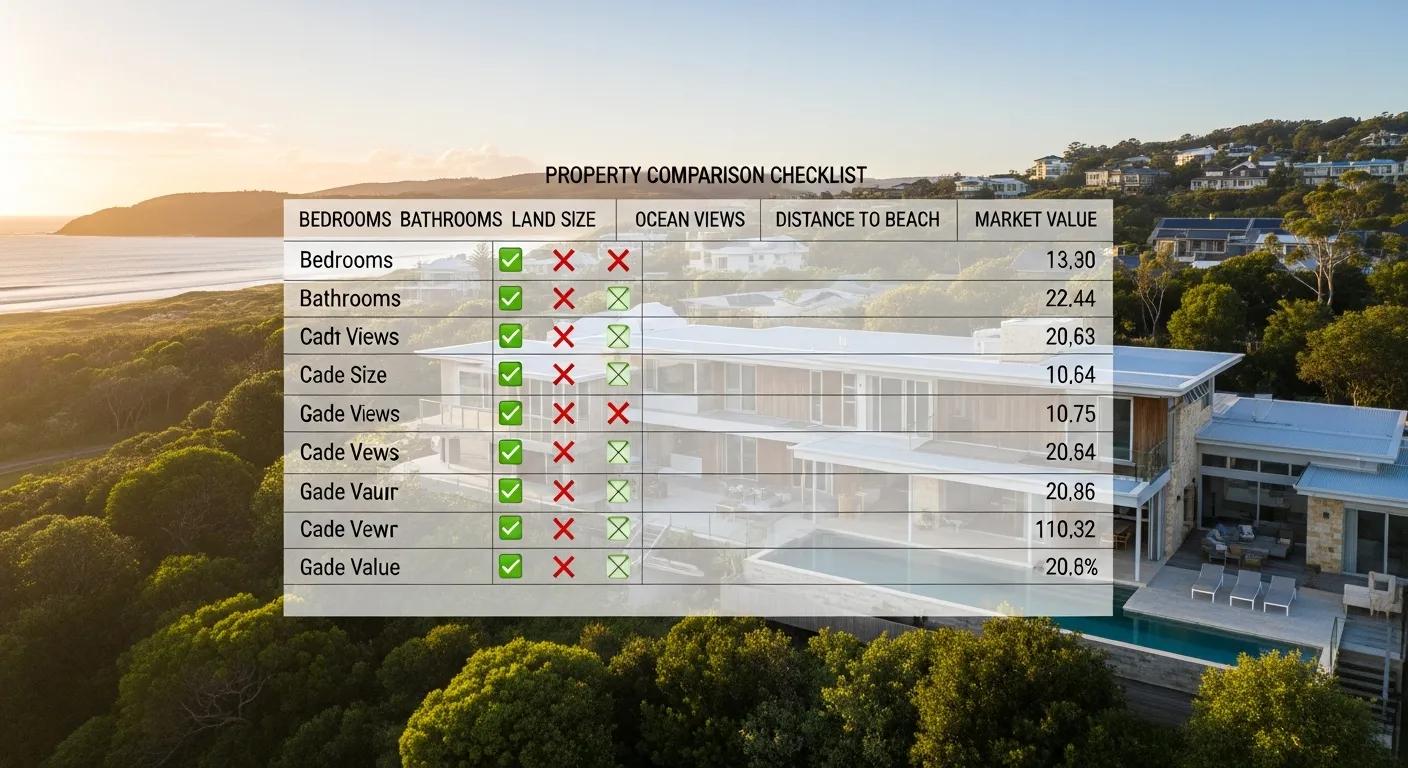 Comparison checklist over a Byron Bay home — data-driven property comparison