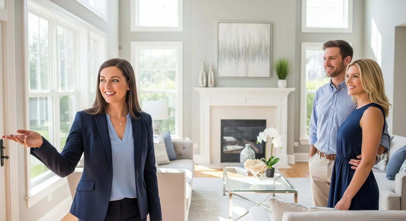 Buyer's agent walking clients through a sunlit living room