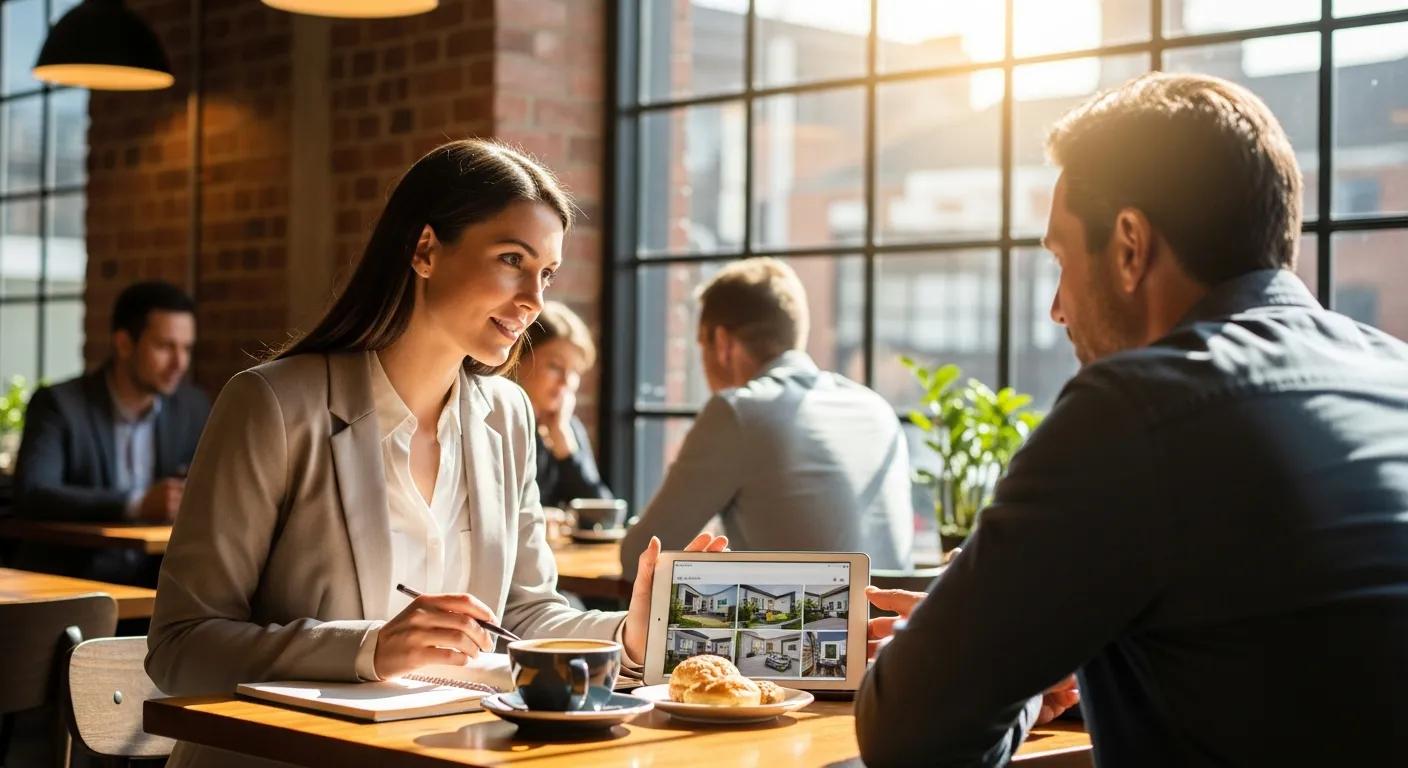 Buyer's agent meeting a client in a café to discuss property options