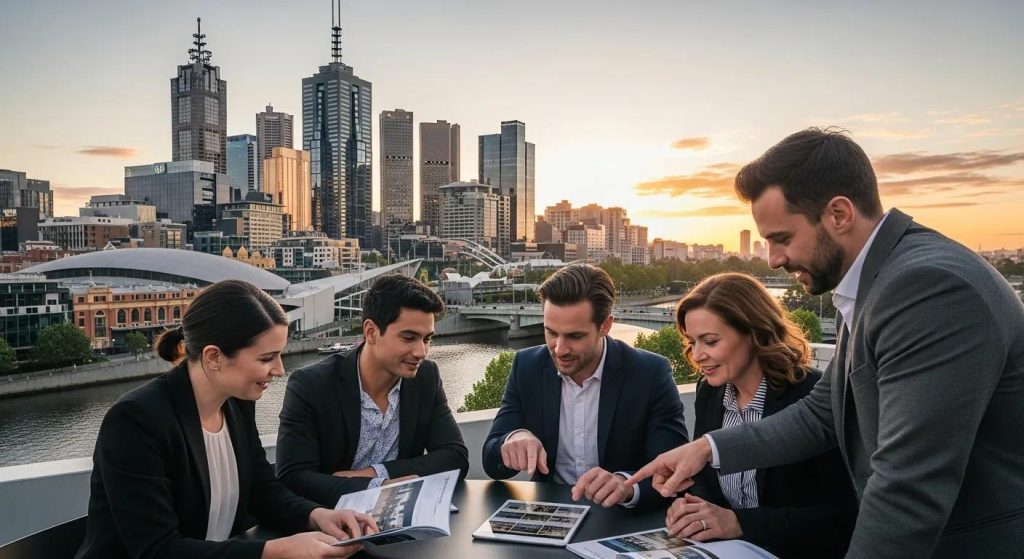 People reviewing property options in Melbourne with the city skyline behind them