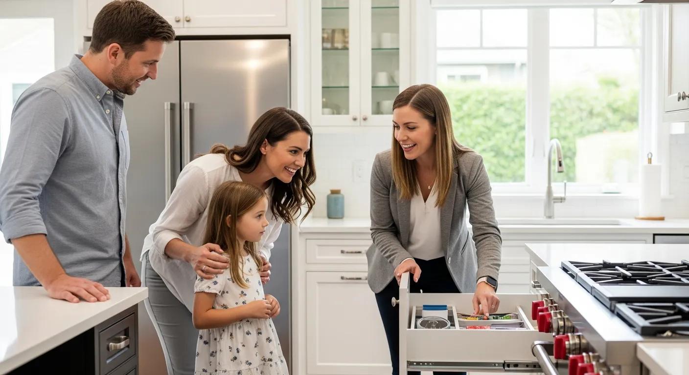 Buyers agent supporting a family during a property viewing, demonstrating practical, hands‑on service