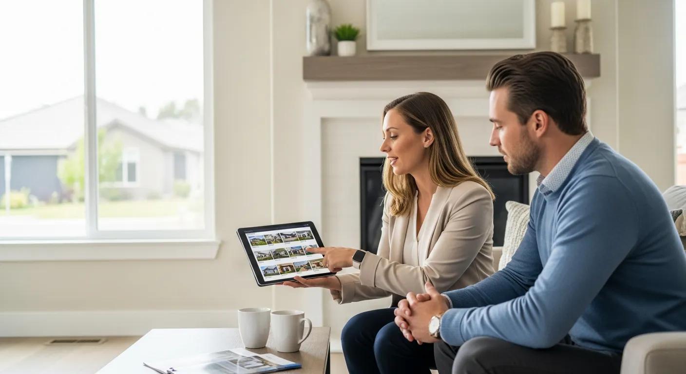 Buyers agent showing property options to a client in a living room