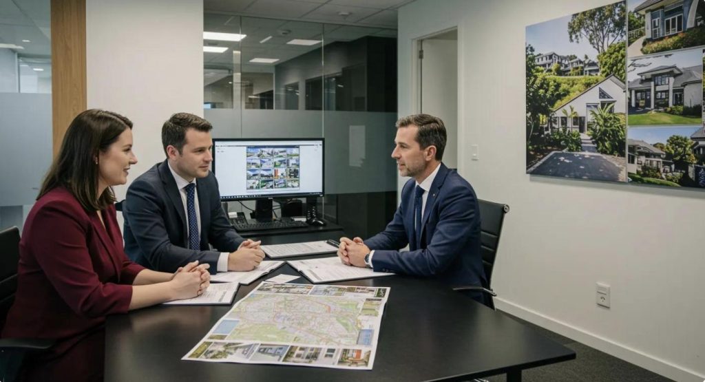### Key Elements

**Main Subjects**  
- Three professionals: two individuals sitting at a table and one individual across from them.

**Objects**  
- Documents and maps on the table.
- A computer screen displaying images related to real estate.
- A large framed image on the wall showcasing properties.

**Notable Features**  
- Modern office setting with a clean and organized appearance.
- Professional attire of the individuals, indicating a business meeting.

**Text/Symbols**  
- No visible text or symbols in the image.

### Overall Mood/Theme  
The overall mood is professional and focused, suggesting a meeting about real estate or project planning. The interaction appears collaborative, with an emphasis on teamwork and strategy. The modern office environment contributes to a sense of professionalism and efficiency.
