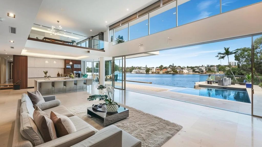 Modern interior of a luxury home in Sydney, featuring a spacious living area with a sofa, coffee table, and large windows showcasing a waterfront view and swimming pool, emphasizing the appeal for buyers seeking upscale properties.