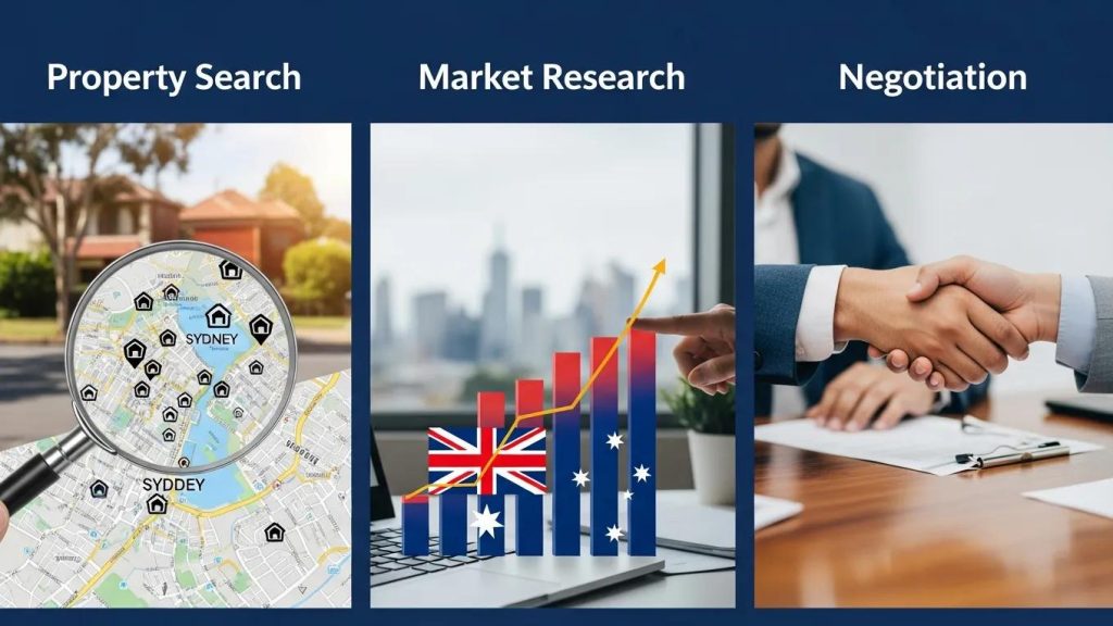 Collage of services offered by buyers agents including property search and negotiation