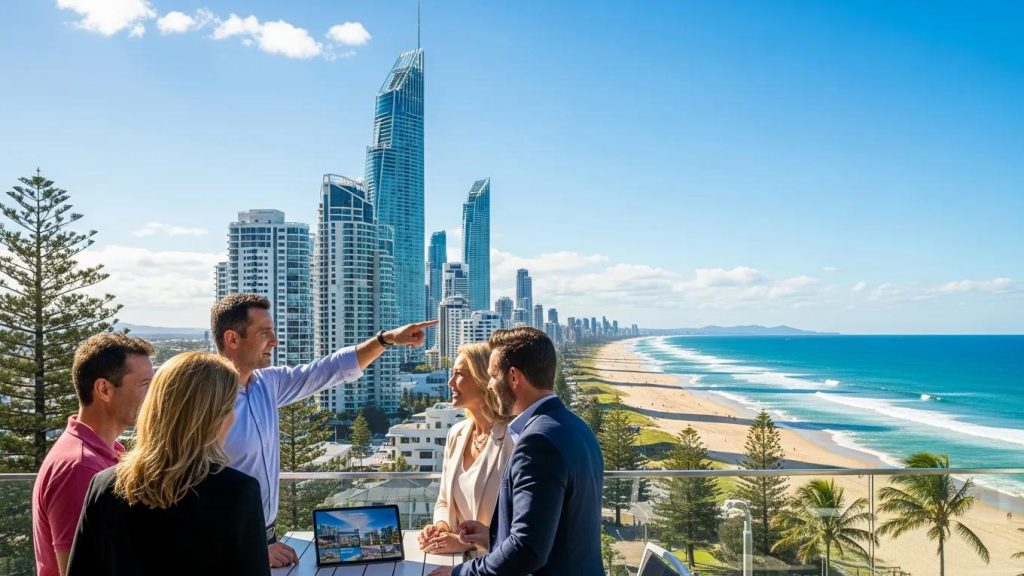 Group of buyers agents discussing property investment opportunities with a scenic view of Gold Coast beaches and modern real estate in the background.