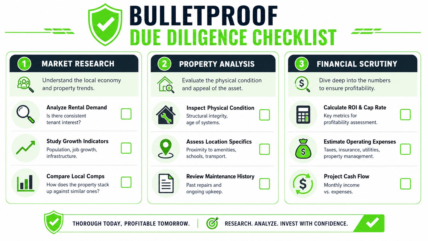 A bulletproof due diligence checklist infographic for real estate investors organized into three distinct investment stages.
