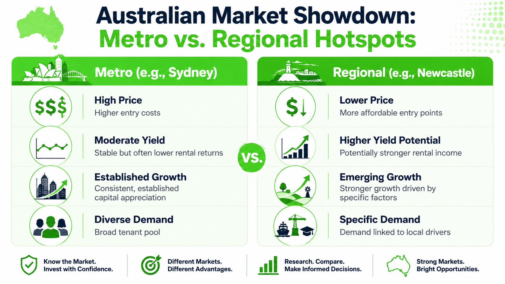 A comparison infographic between Australian metro property markets versus regional property markets highlighting price, yield, and growth.
