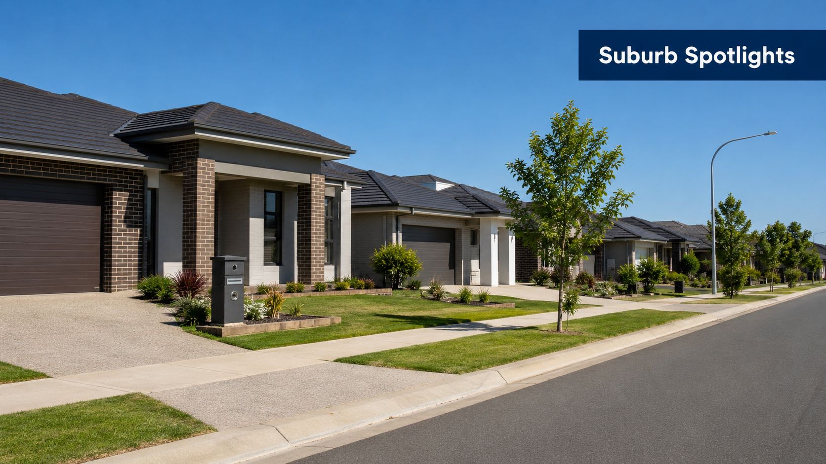 A quiet residential street lined with modern single-story brick houses and well-maintained front lawns under blue sky.