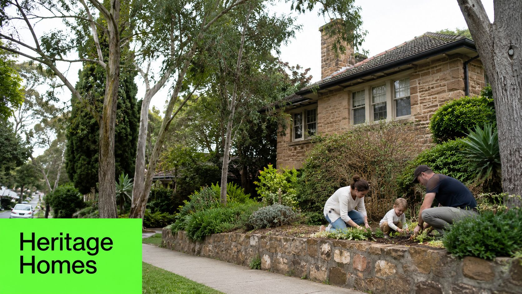 A family gardens together in the front yard of a beautiful stone-built heritage home in Australia.