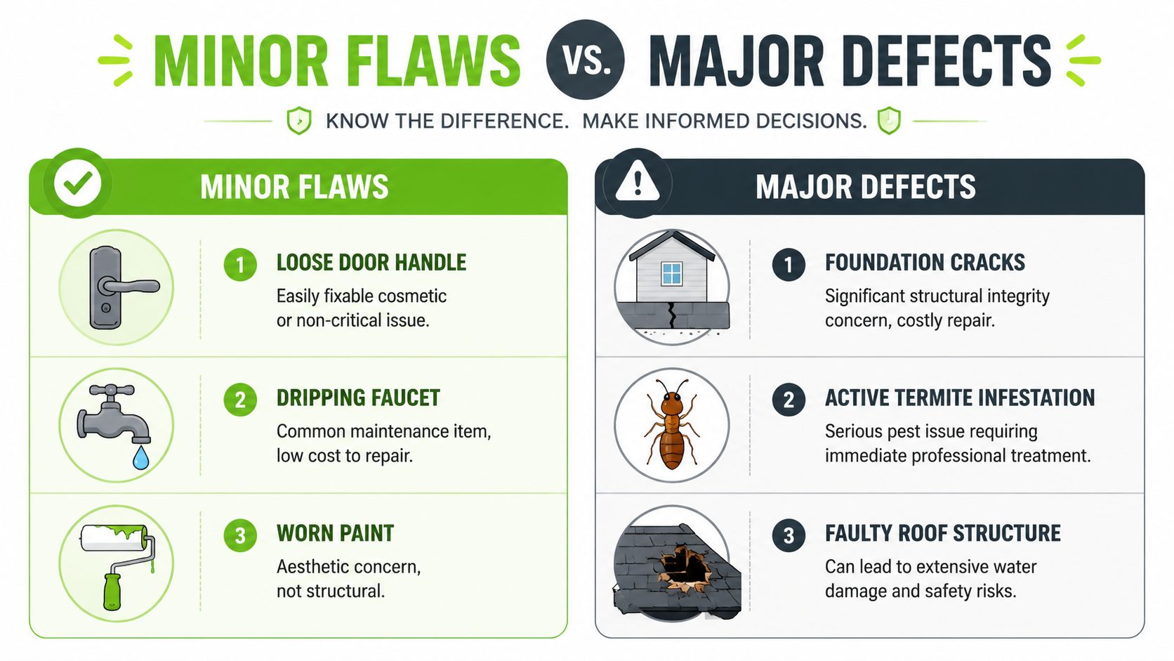 A comparison chart explaining the difference between minor cosmetic home flaws and major structural building defects.
