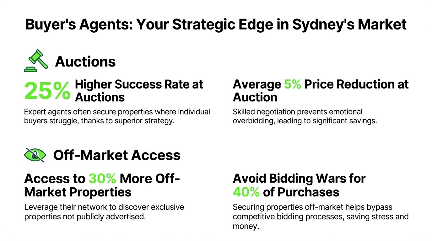 An infographic showing how buyer's agents in Sydney provide a strategic advantage in auctions and off-market properties.