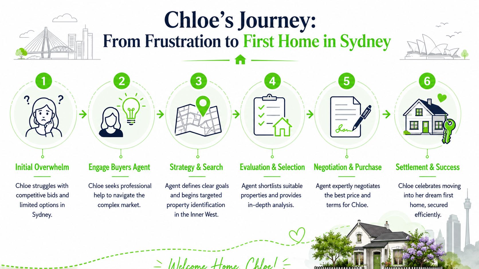 A six-step infographic illustrating a homebuyer's journey from feeling overwhelmed to successfully purchasing a property in Sydney.