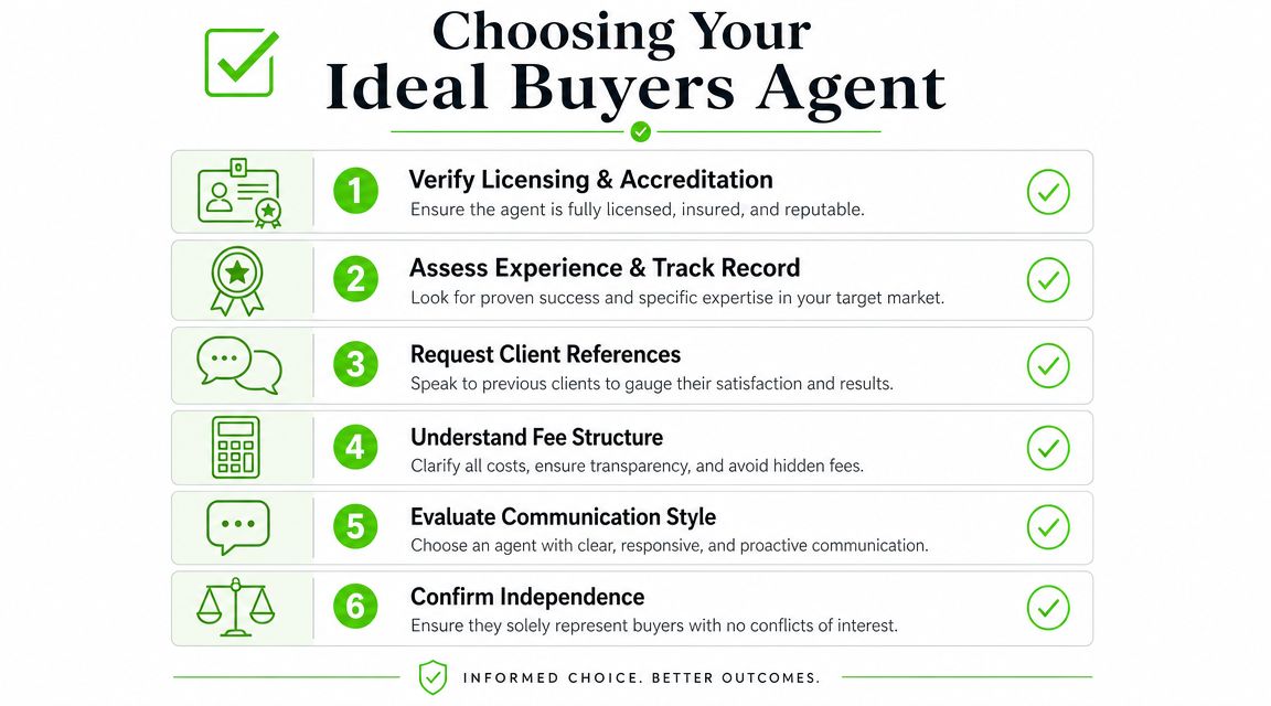 A checklist infographic titled Choosing Your Ideal Buyers Agent detailing six essential steps for selection.