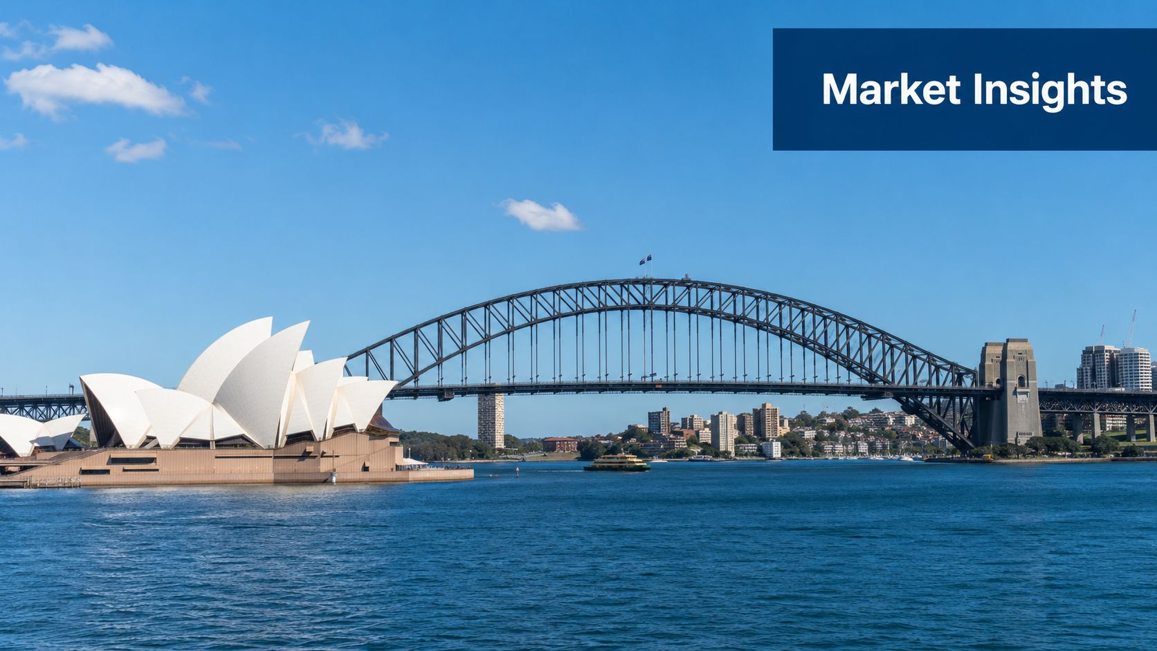 A wide angle view of the Sydney Opera House and Harbour Bridge under a clear blue sky