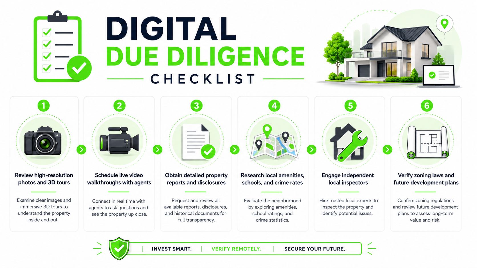 A digital due diligence checklist infographic for buying a house remotely featuring six key investigation steps.