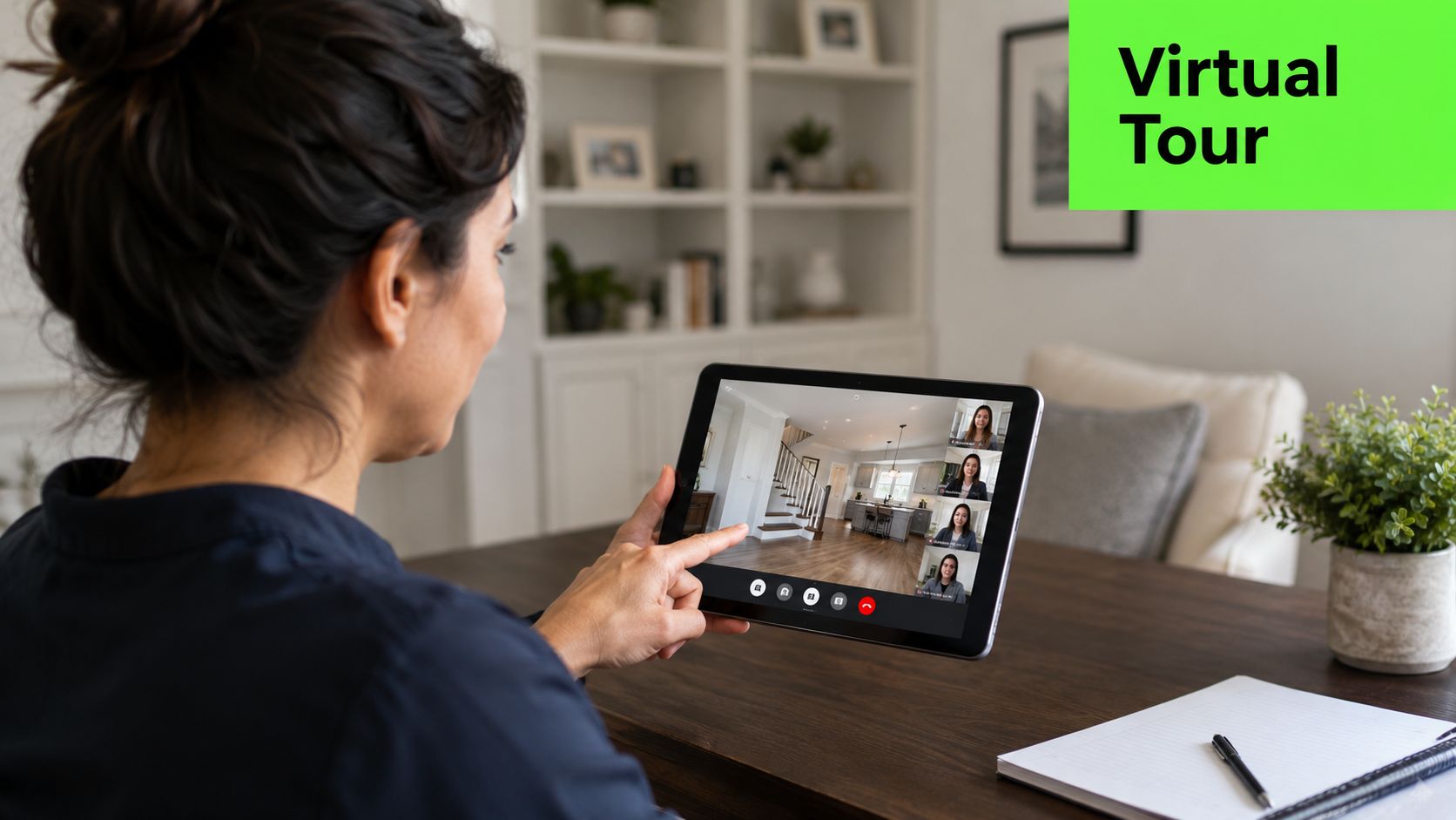 A woman participates in a virtual home tour via a tablet video call while sitting at a desk.