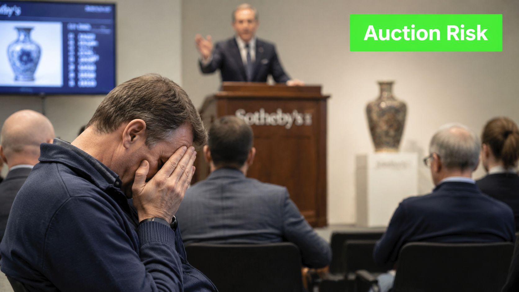 A man looking stressed at a Sotheby's auction, highlighting the potential financial risks of high-stakes bidding.