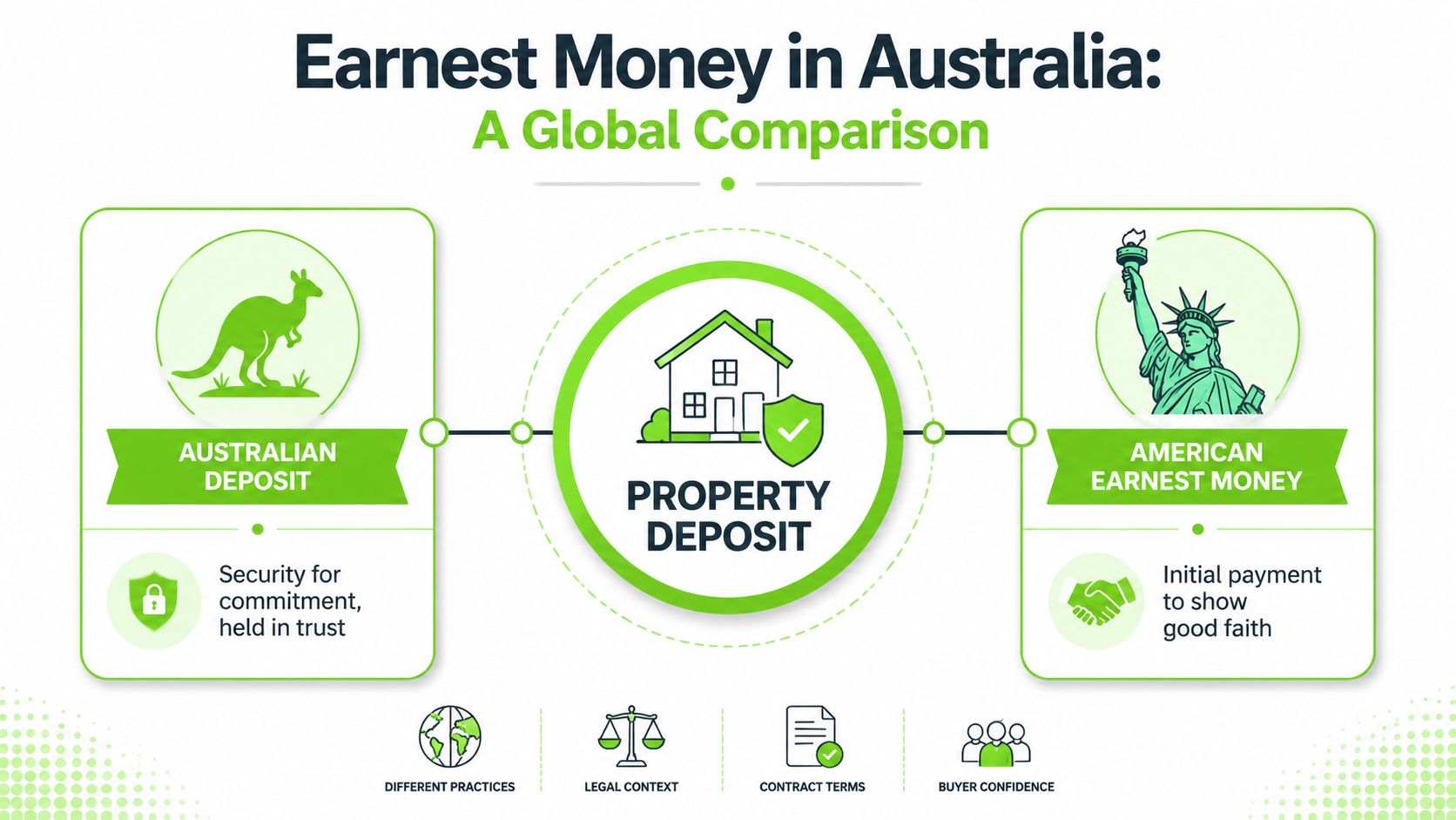 A comparison infographic between Australian property deposits and American earnest money for real estate transactions.