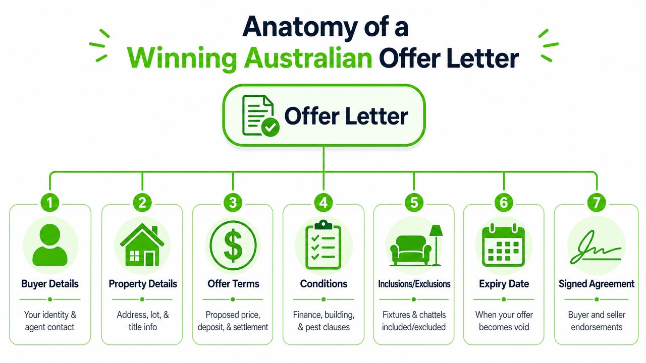 A visual guide outlining the seven key components of a successful Australian residential property offer letter.