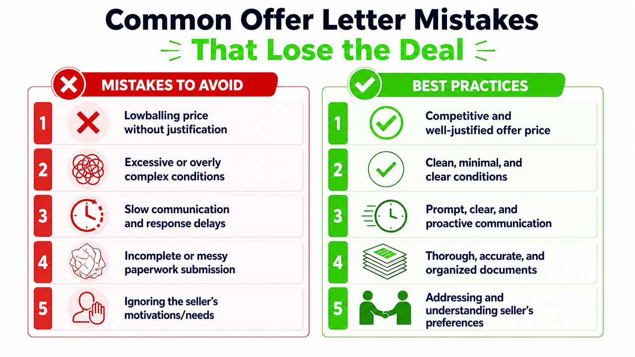 A comparison chart showing common offer letter mistakes to avoid versus best practices for home buying.