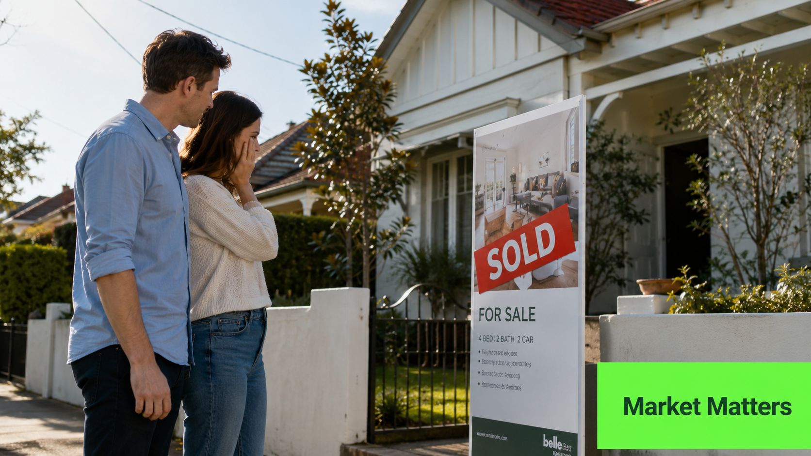 A happy couple standing in front of a house with a sold real estate sign.
