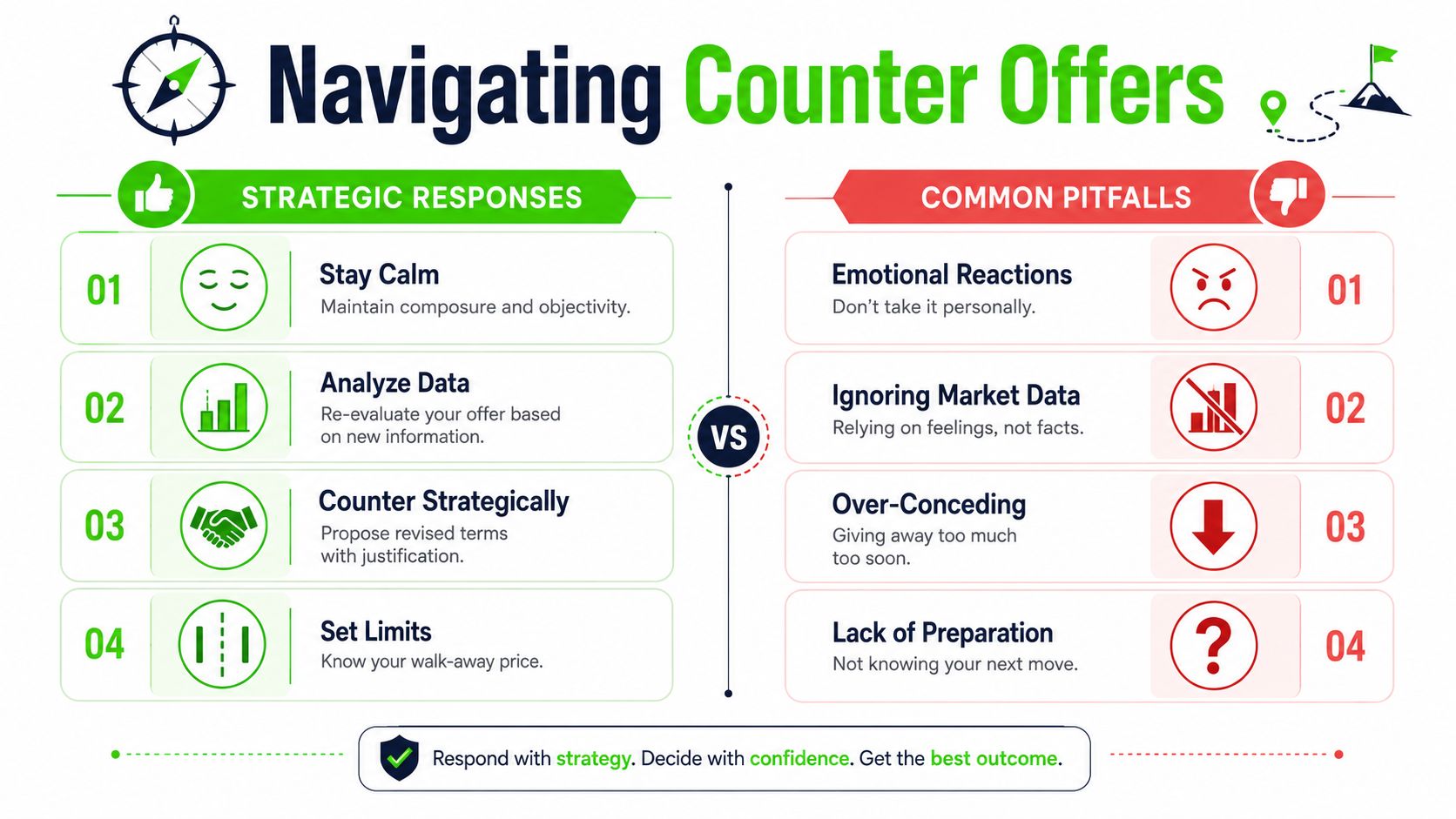 A professional infographic comparing strategic responses and common pitfalls when navigating counter offers in negotiations.