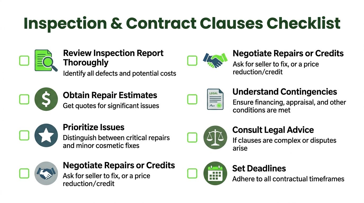 A checklist for real estate inspection and contract negotiation, outlining key steps for property buyers.