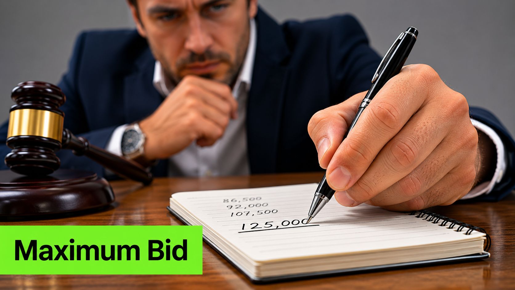 A man in a suit writing the number 125,000 in a notebook next to a gavel.