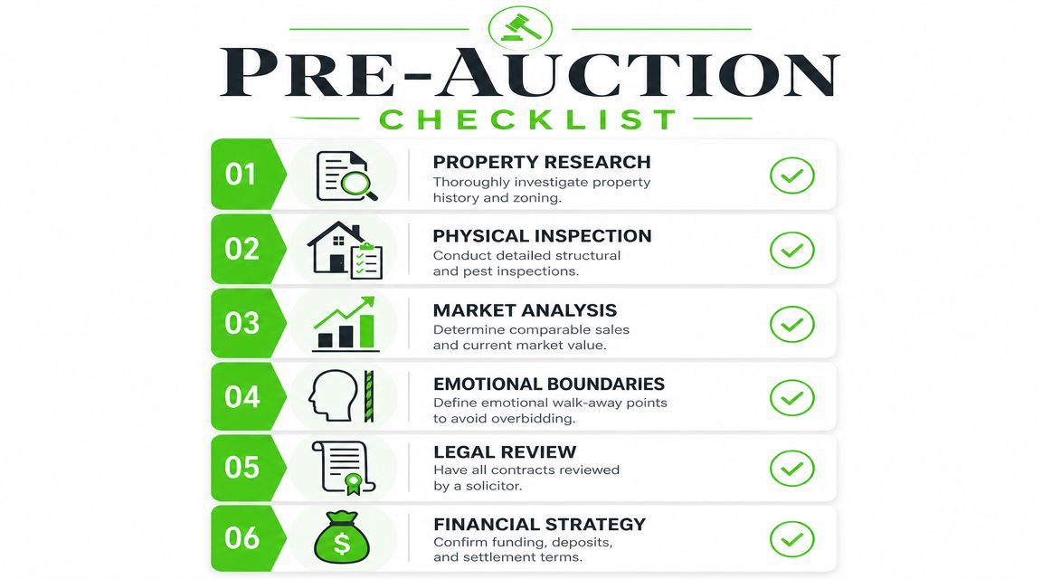 A checklist infographic titled Pre-Auction Checklist featuring six essential steps for potential property auction participants.