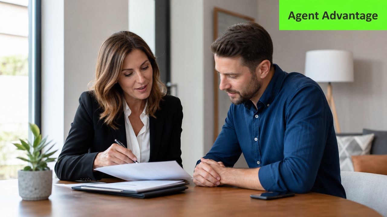 A professional real estate agent explains documents to a male client during a consultation at a table.