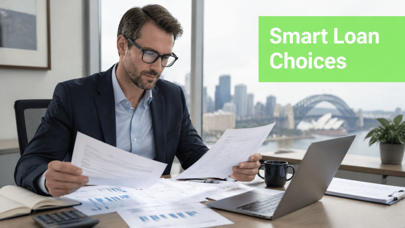 A professional man in a business suit reviewing financial documents while sitting in a modern office.