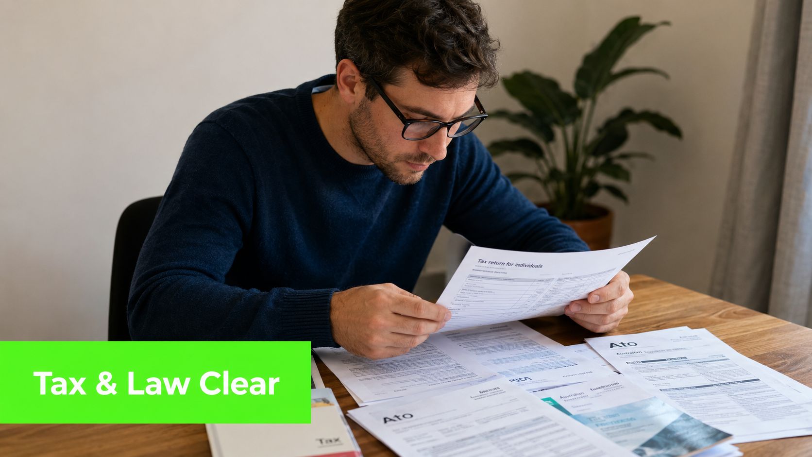 A man in a blue sweater carefully reviewing Australian tax return documents at a wooden desk.