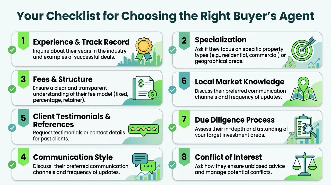 An infographic checklist for choosing the right buyer's agent when purchasing an investment property.