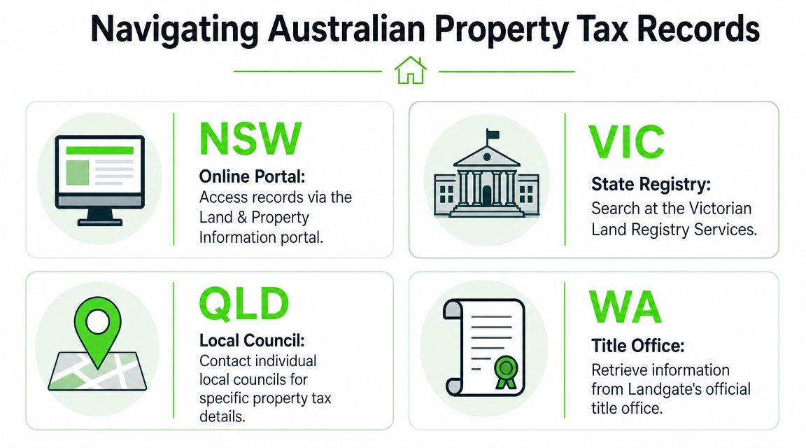 An infographic showing how to access Australian property tax records in NSW, VIC, QLD, and WA.