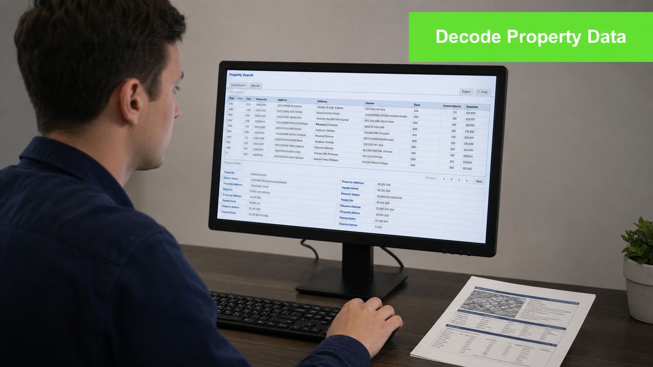 A professional analyzing property tax records on a computer screen in a modern office workspace environment.