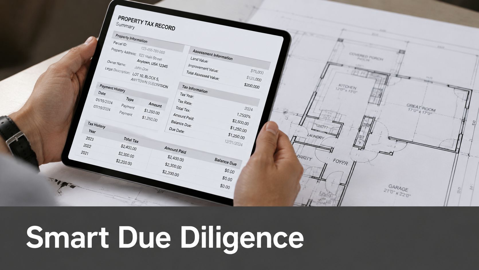 A person holding a tablet showing a property tax record digital dashboard over architectural floor plans.