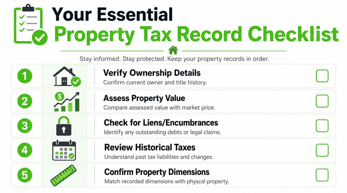 An infographic checklist outlining five essential steps for reviewing and verifying property tax records and details.