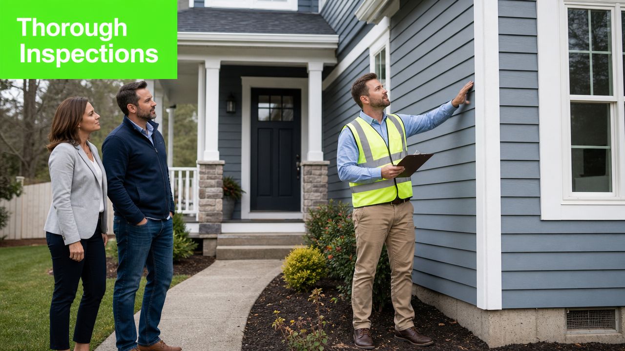 A professional home inspector in a high-visibility vest examines the exterior siding for a couple.