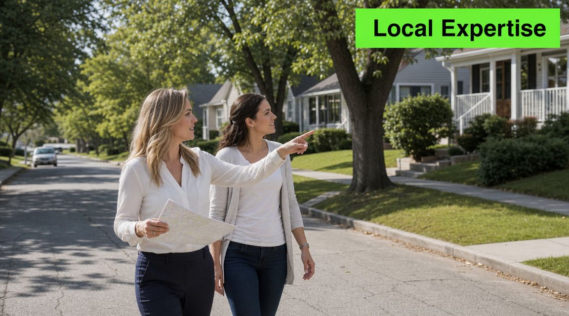 A real estate agent and a client walking down a residential street while discussing home buying options.