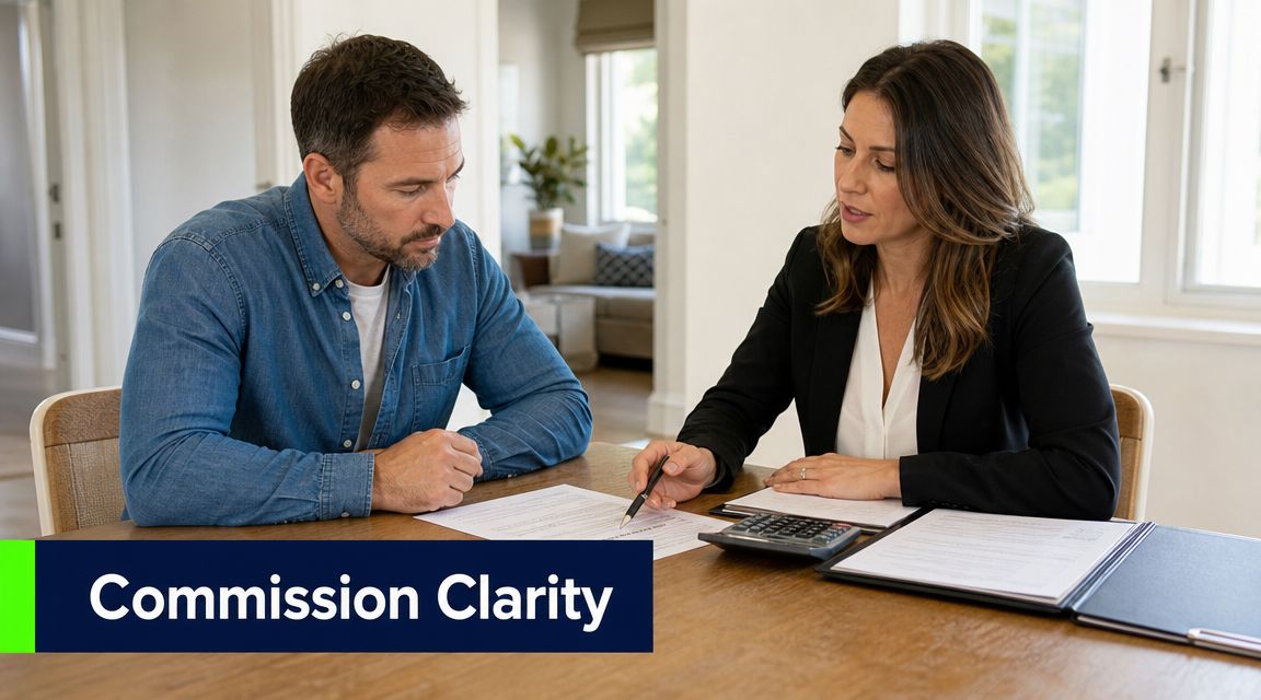 A professional real estate agent explains contract details to a male client at a wooden table.