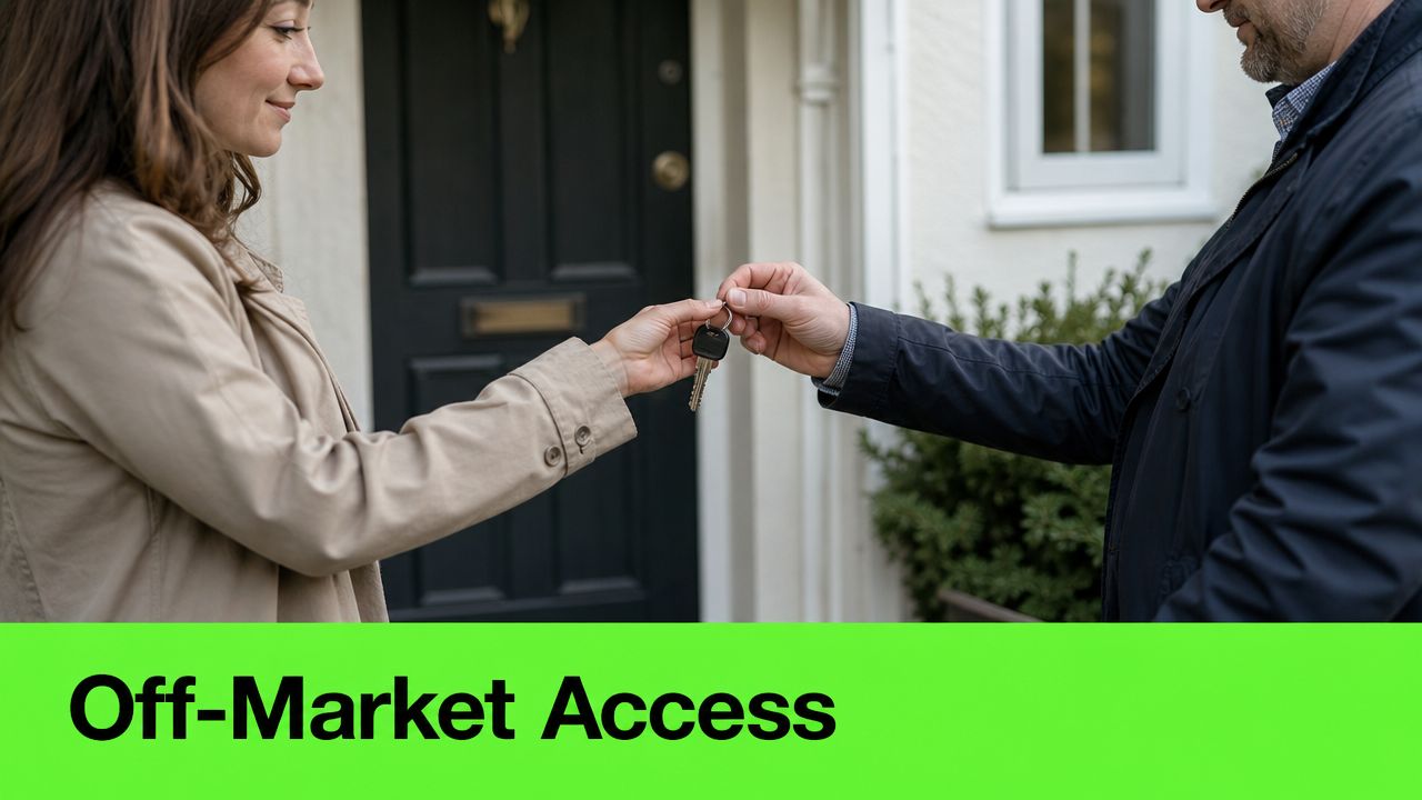 A real estate agent hands house keys to a woman in front of a home entrance.
