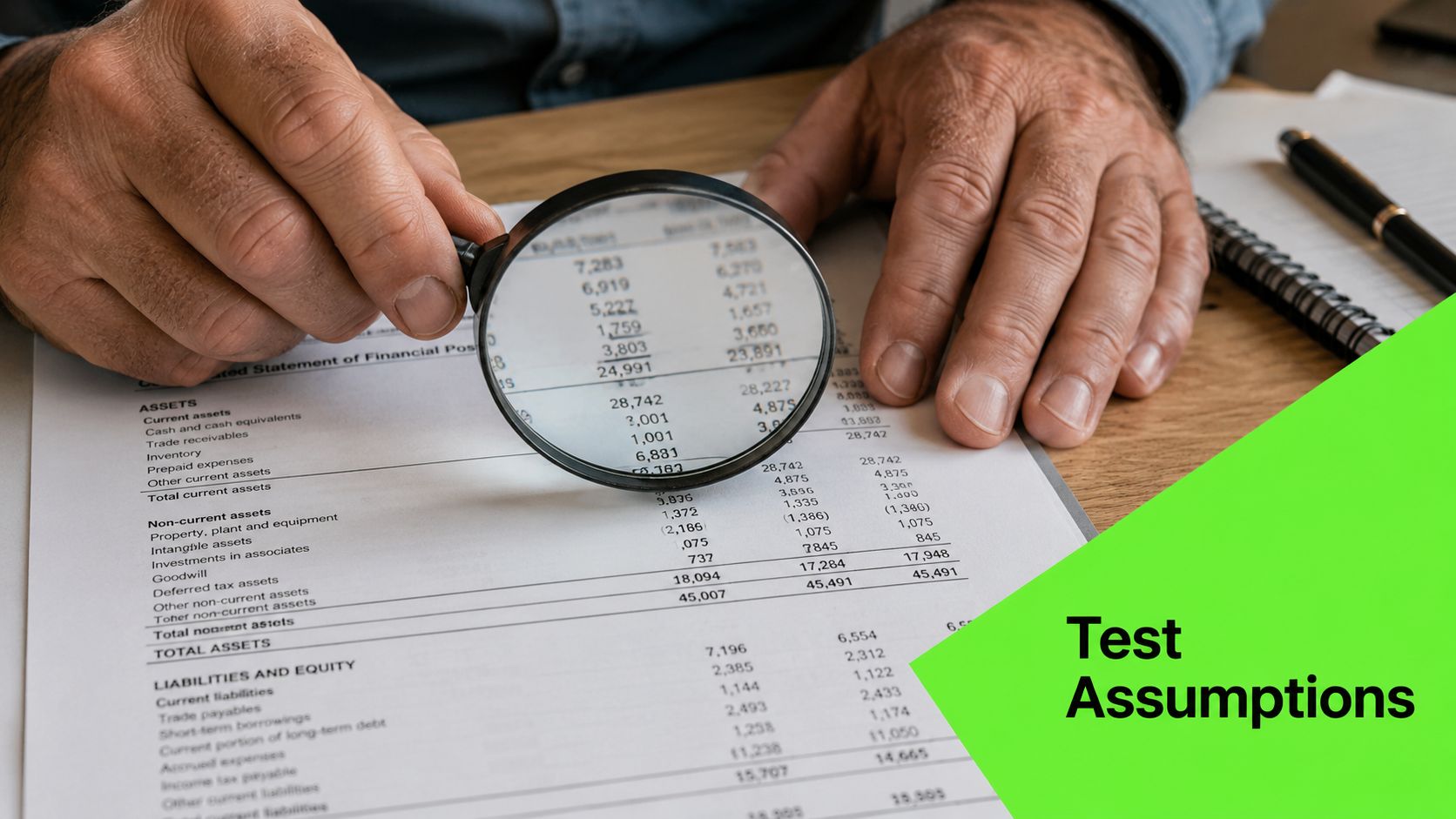 A close up view of hands holding a magnifying glass over a financial statement document.