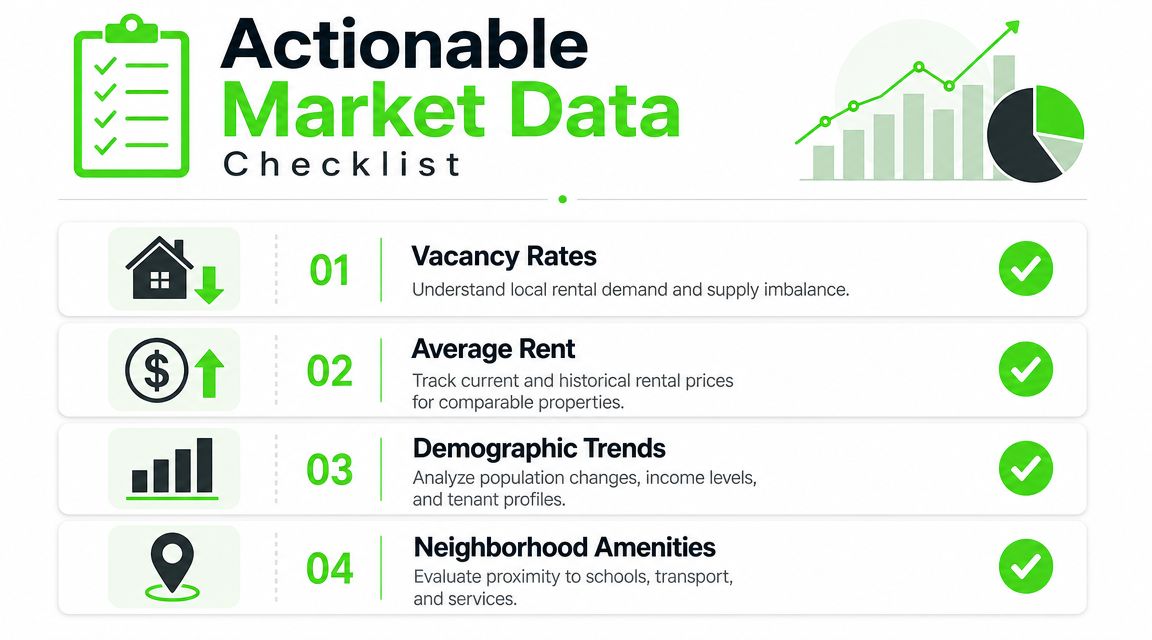 A checklist infographic titled Actionable Market Data outlining key factors for successful real estate rental analysis.