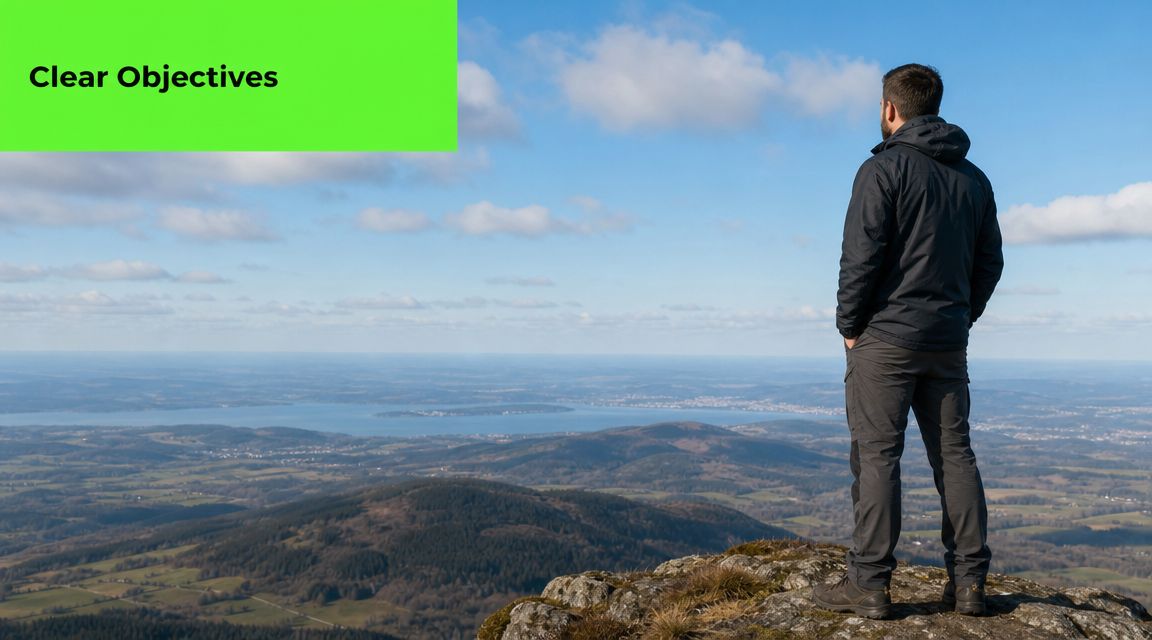 A man wearing a jacket stands on a mountain peak looking out over a vast landscape.